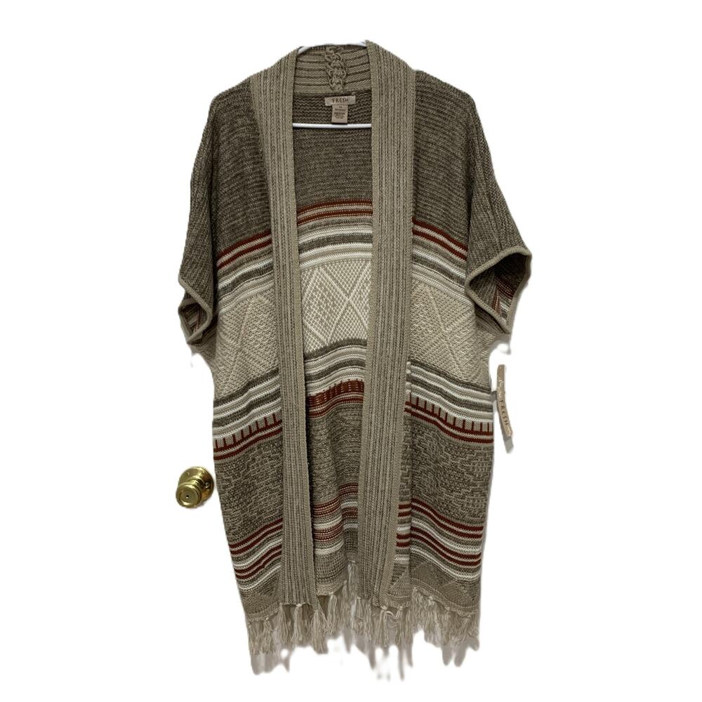Womens Sweater Jacket w/ Tassels Taupe Southwestern Design Size 1X NEW